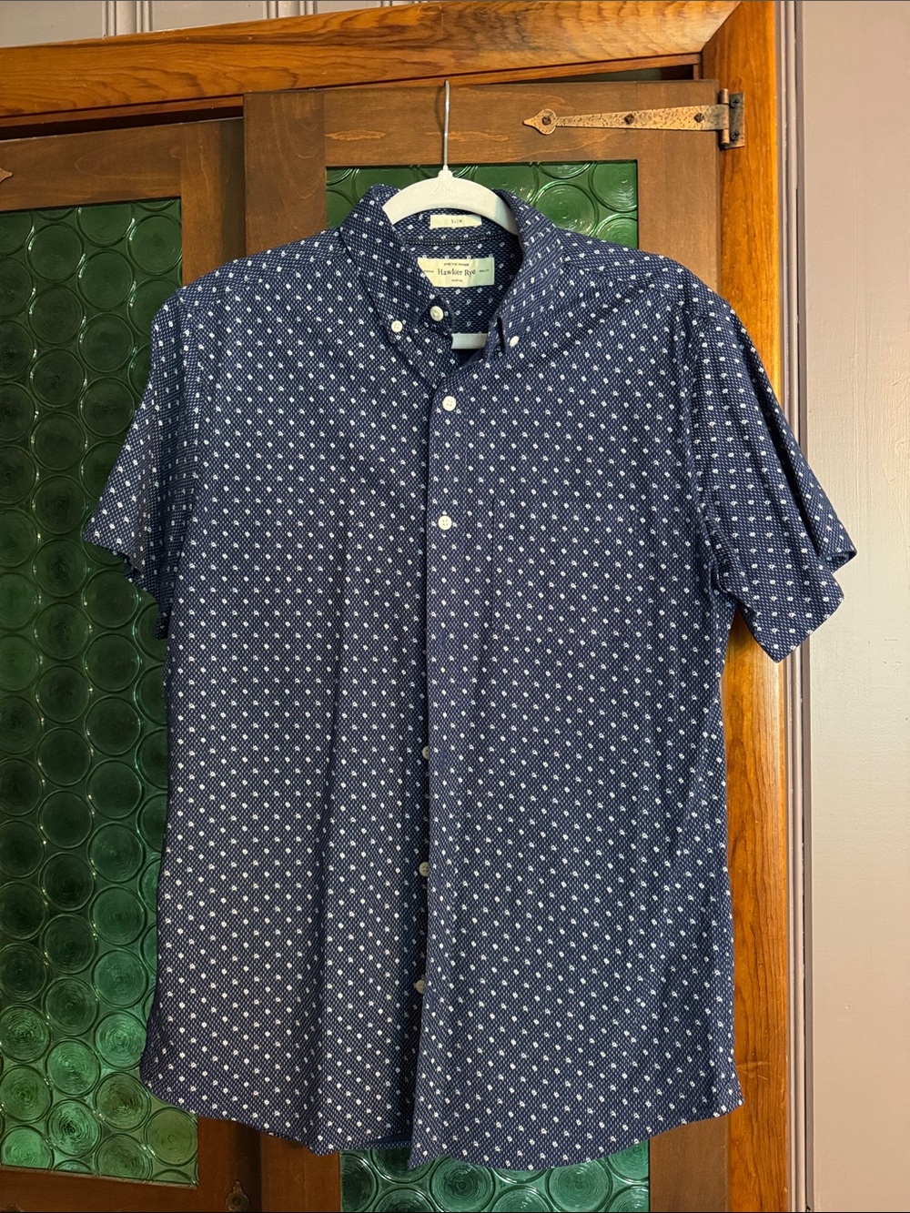 Short-Sleeve Navy Button-Down Shirt with White Geo Print